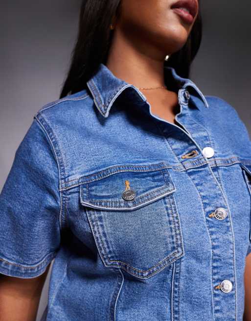 ASOS DESIGN Curve denim fitted shirt mini dress in mid blue
