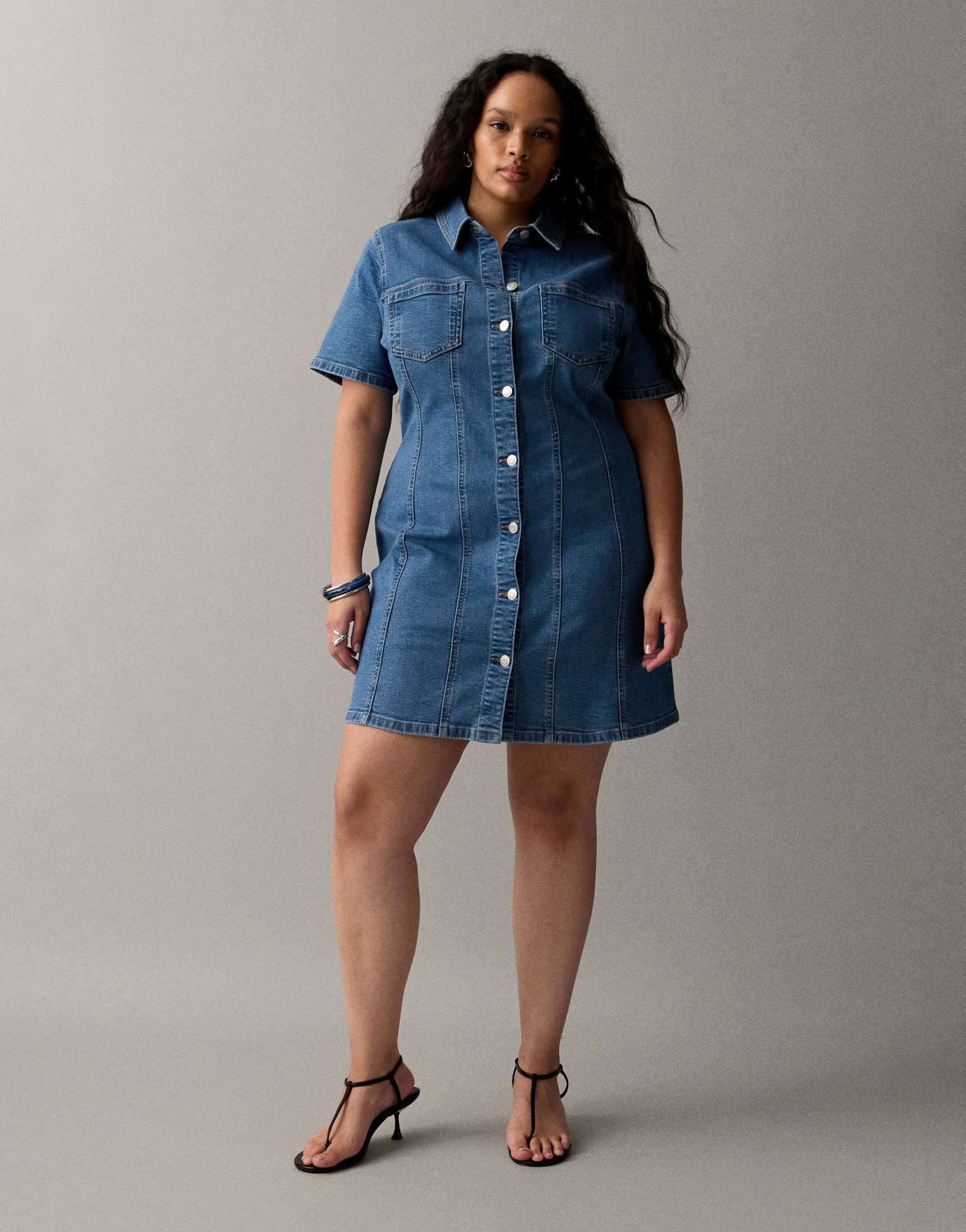 asos design curve denim fitted shirt mini dress in mid blue