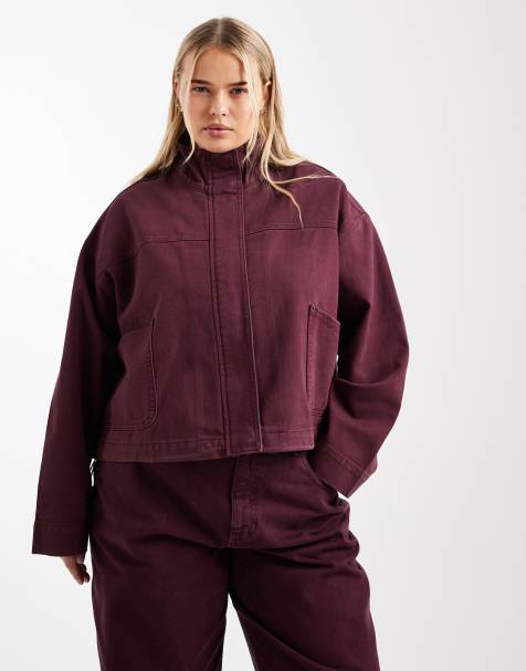 ASOS DESIGN Curve denim funnel neck jacket in burgundy co-ord