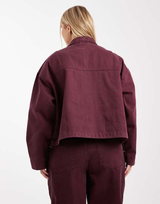 ASOS DESIGN Curve denim funnel neck jacket in burgundy - part of a set