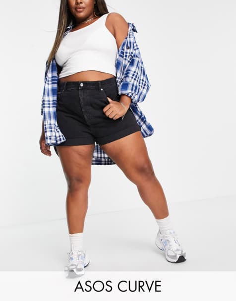 ASOS DESIGN Curve denim high rise 'slouchy' mom shorts in washed black - view 1