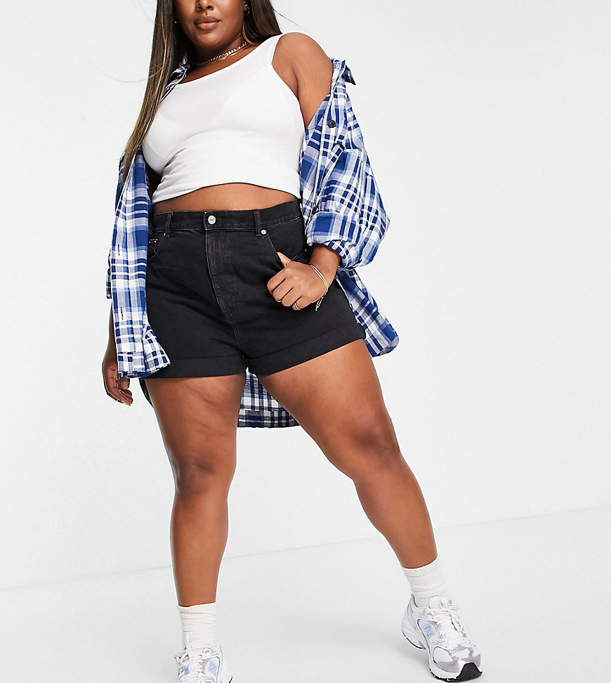 ASOS DESIGN Curve denim high rise 'slouchy' mom shorts in washed black