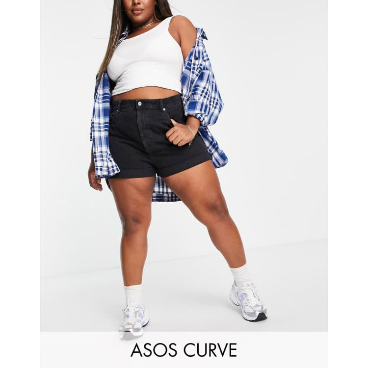 ASOS DESIGN Curve denim high rise slouchy mom shorts in washed black ASOS