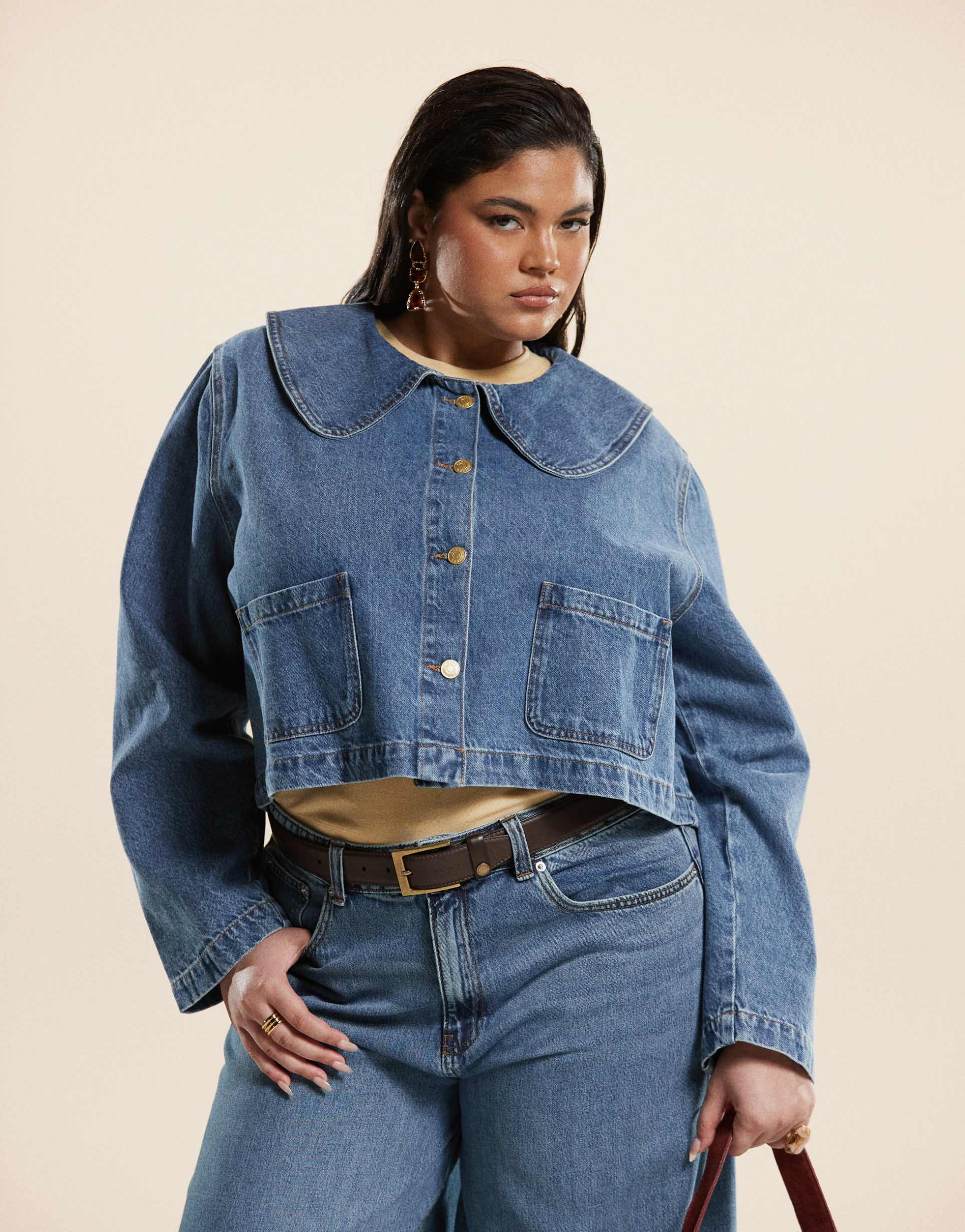 asos design curve denim jacket with round collar in mid blue - part of a set