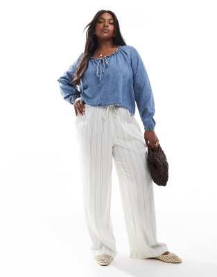 Asos Curve Asos Design Curve Denim Linen Blend Balloon Sleeve Blouse