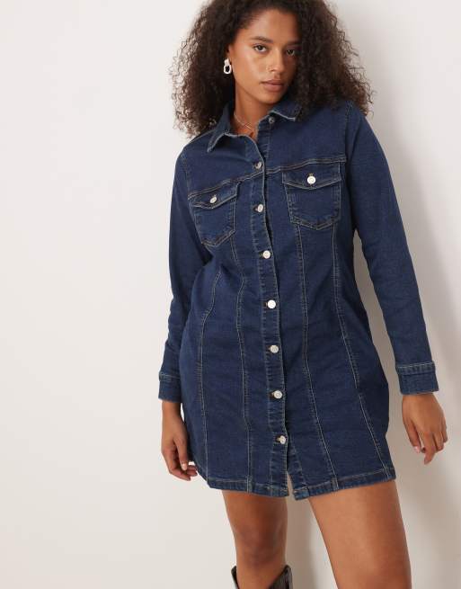 ASOS DESIGN Curve denim long sleeve fitted shirt mini dress in rinse, 2 of 4