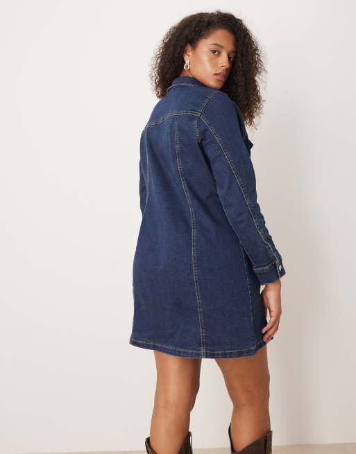 ASOS DESIGN Curve denim long sleeve fitted shirt mini dress in rinse, 3 of 4