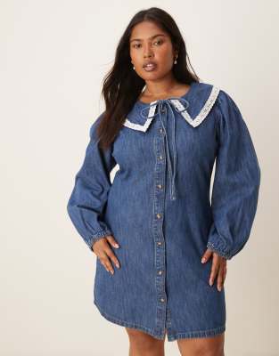 ASOS DESIGN Curve denim long sleeve mini dress with extreme collar in midwash blue - view 1