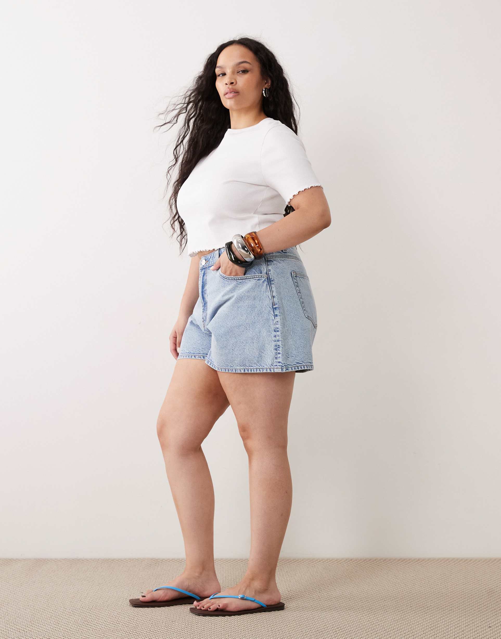 asos design curve denim longer a-line shorts in pale vintage