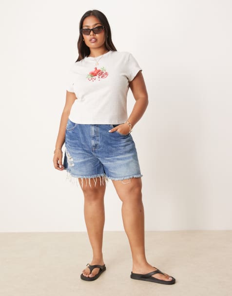 ASOS DESIGN Curve denim longline A line short in dark midwash with rip hem - view 1
