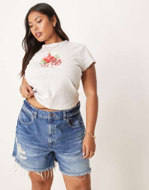 ASOS DESIGN Curve denim longline a-line shorts in dark midwash with rip hem, 2 of 5
