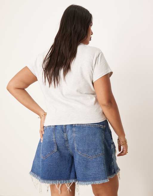 ASOS DESIGN Curve denim longline a-line shorts in dark midwash with rip hem, 4 of 5