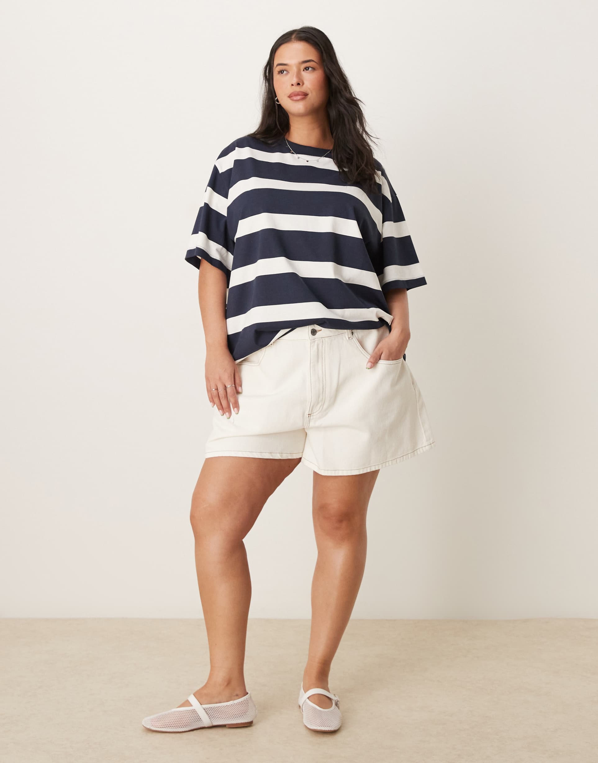 asos design curve denim longline a line shorts in ecru