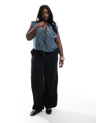 Asos Curve Asos Design Curve Denim Look Peter Pan Collar Vest With Tie Front-blue In Blue
