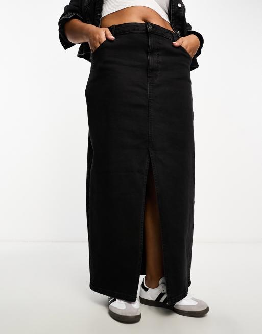 ASOS DESIGN Curve- Denim maxi-nederdel med slids i kanten i forvasket sort, 2 af 5