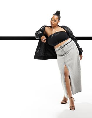 【Anyone more】Fukuro gray washed denim skirt ASOS DESIGN Curve denim maxi skirt in wash gray | ASOS