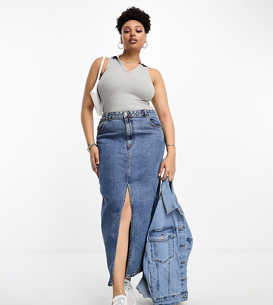 Asos Curve Asos Design Curve Denim Maxi Skirt With Split Hem In Midwash-blue