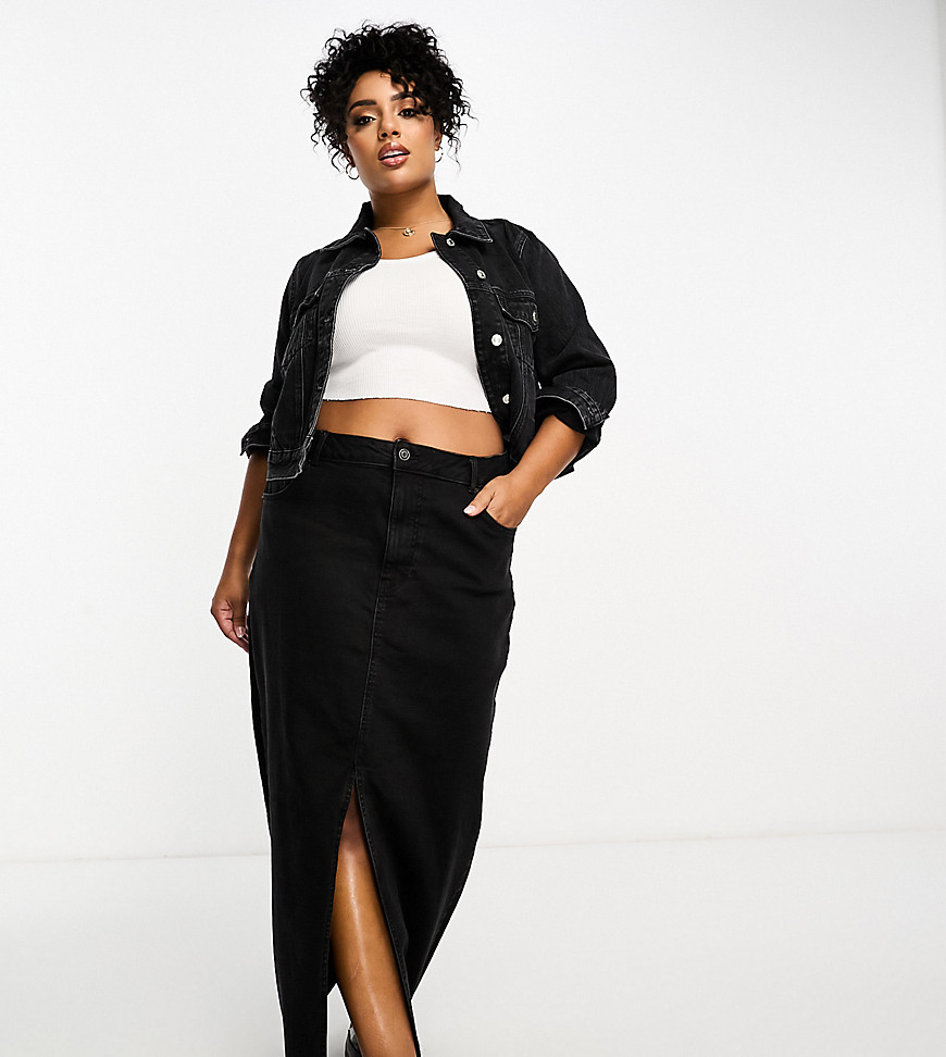 Asos Curve Asos Design Curve Denim Maxi Skirt With Split Hem In Washed Black