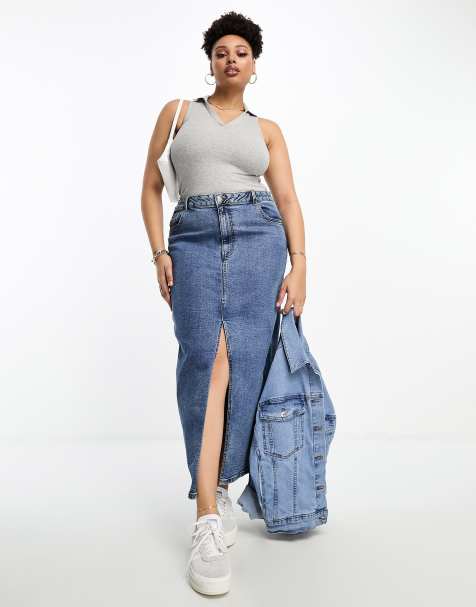 ASOS DESIGN Curve - Denim maxirok met split in de zoom in midwash - view 1