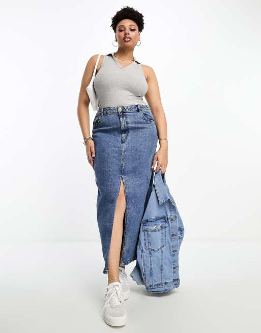 ASOS DESIGN Curve - Denim maxirok met split in de zoom in midwash