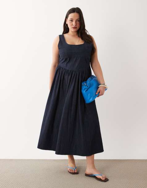 ASOS DESIGN Curve - Denim midi ballerinajurk met donkere spoelwassing - view 1
