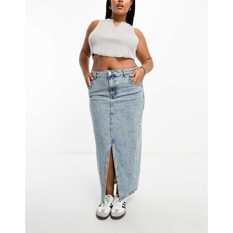 Women's Mid Blue High Waisted Split Front Denim Midi Skirt