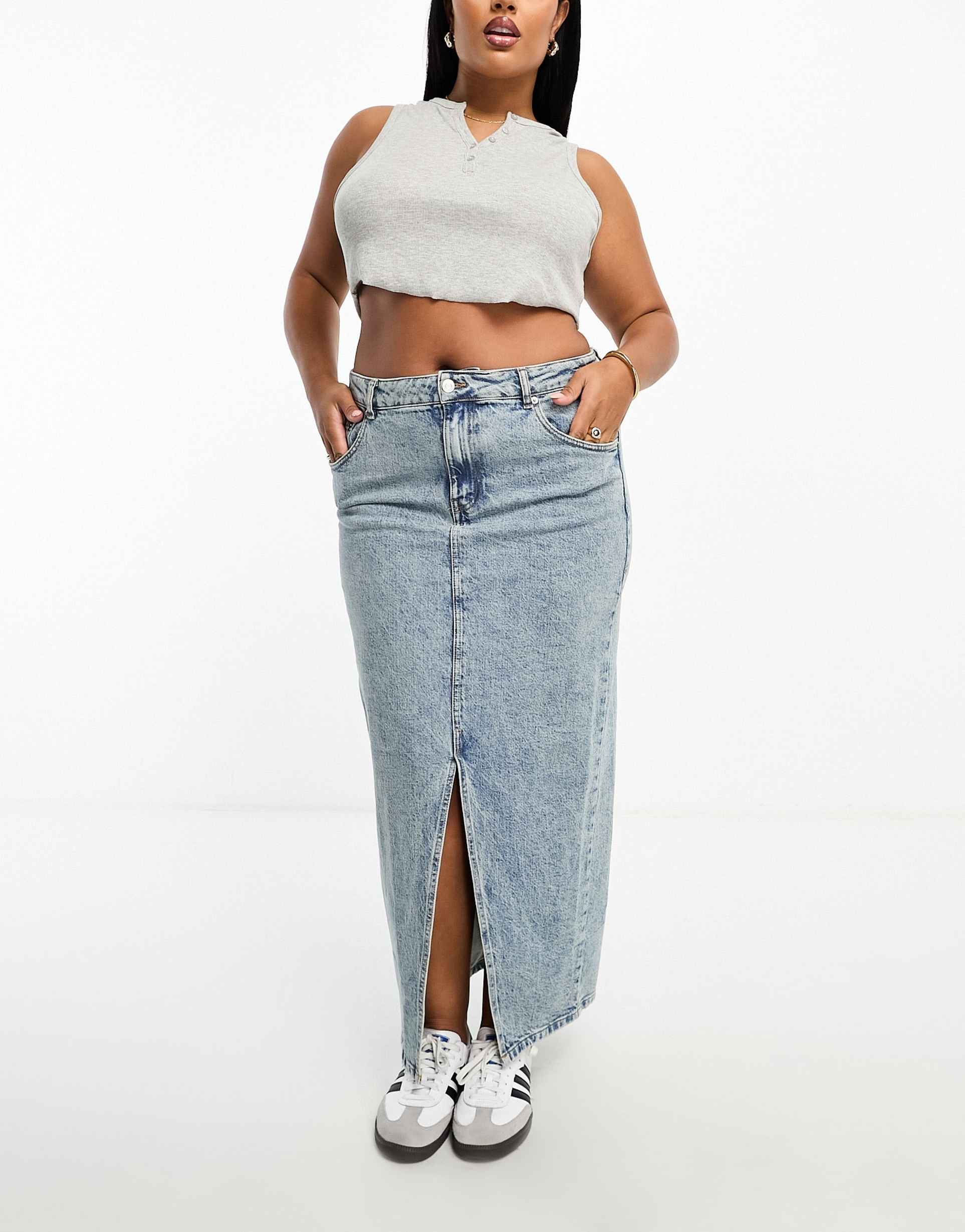 asos design curve denim midi skirt with split hem in midwash