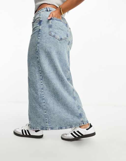 ASOS DESIGN Curve denim midi skirt with split hem in midwash