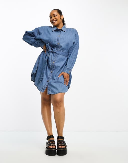 ASOS DESIGN Curve denim mini dress with belt in midwash ASOS