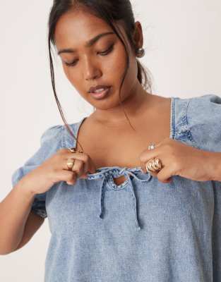Asos Curve Asos Design Curve Denim Mini Dress With Puff Sleeves And Tie Detail In Blue
