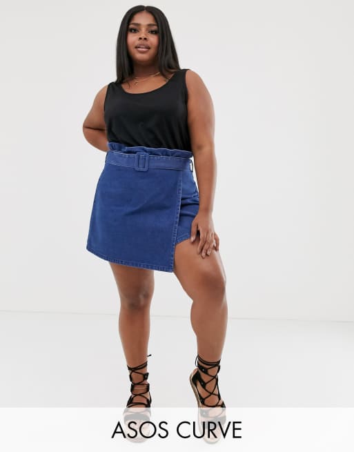 ASOS DESIGN Curve denim mini skirt with paperbag waist and belt