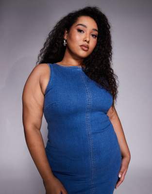 ASOS Design Curve Denim Minimal Midi Dress in Dark wash-Blue ASOS DESIGN Curve denim minimal midi dress in dark wash | ASOS