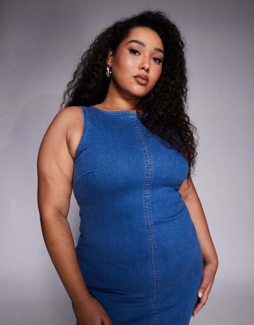 denim midi dress asos ASOS DESIGN denim ballerina midi dress in lightwash blue