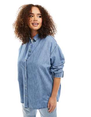 ASOS DESIGN Curve denim minimal shirt in midwash blue