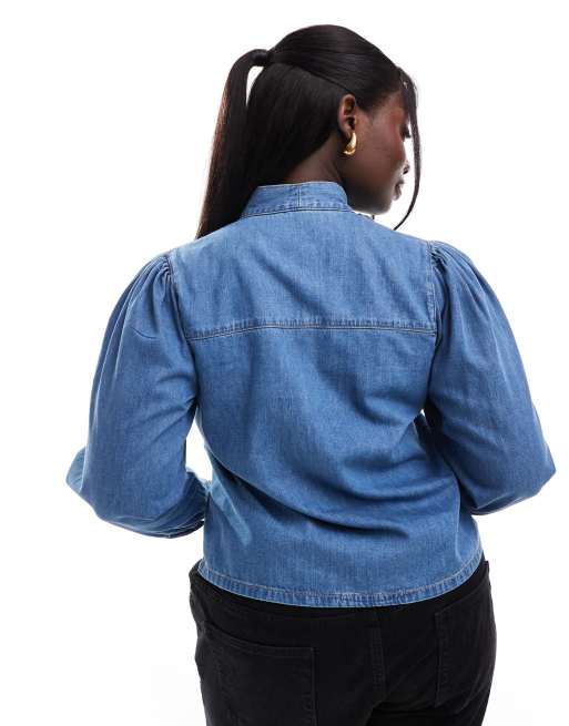 ASOS DESIGN Curve - Denim overhemd met strik aan de hals in middenblauw, 3 van 4