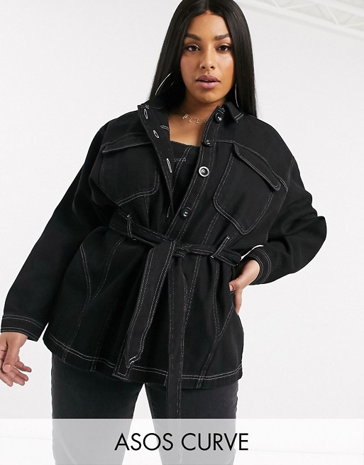 ASOS DESIGN Curve oversized belted heavy denim shirt in black with contrast stitch
