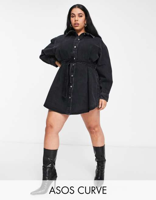 ASOS DESIGN Curve denim oversized belted denim shirt dress in washed ...