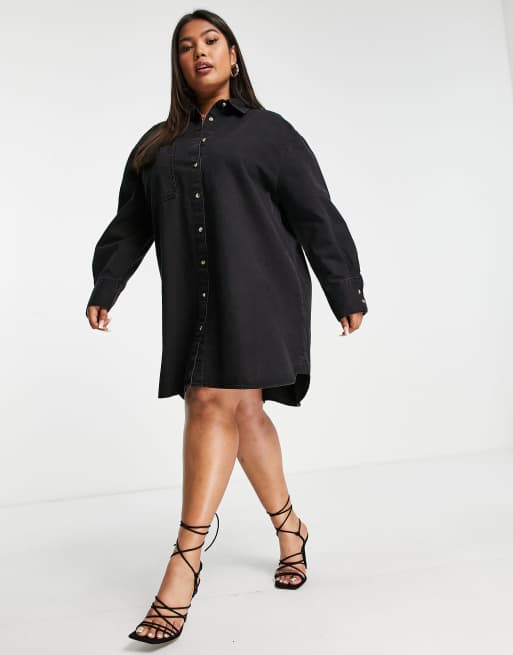 ASOS DESIGN Curve denim oversized shirt dress in black | ASOS