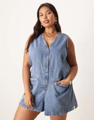 ASOS DESIGN Curve – Denim-Playsuit in mittelblauer Waschung mit Schnürung hinten - view 1
