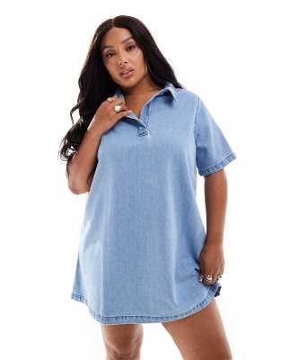 Asos Curve Asos Design Curve Denim Polo Dress In Mid Blue