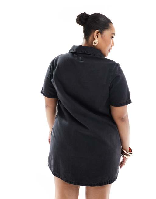 ASOS DESIGN Curve denim polo dress in washed black