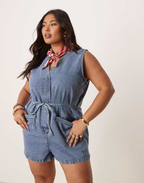 ASOS DESIGN Curve denim romper with tie back in midwash blue - view 1