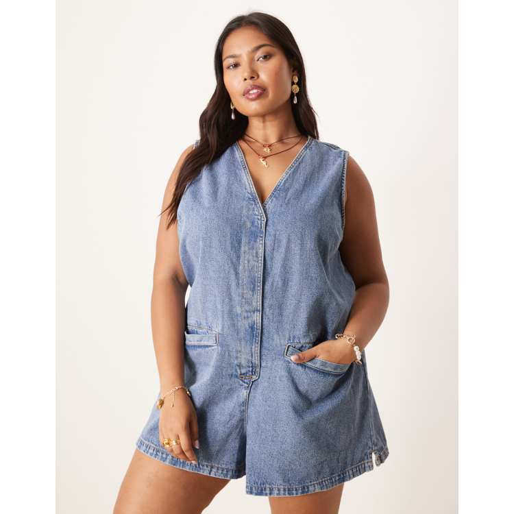ASOS DESIGN Curve denim romper with tie back in midwash blue