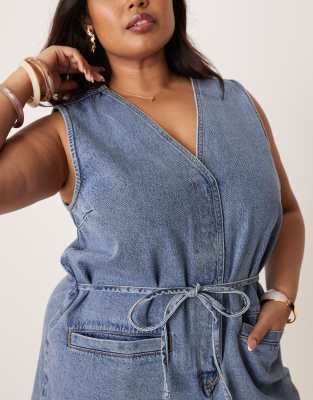 ASOS CURVE ASOS DESIGN CURVE DENIM ROMPER WITH TIE BACK 
