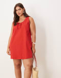 [ASOS Curve] ASOS DESIGN Curve denim scoop mini dress with bow front in red 22 RED