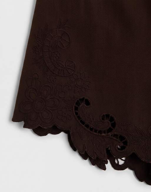 ASOS DESIGN Curve denim short co-ord with cutwork in chocolate, 9 of 9
