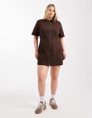 Asos Curve Asos Design Curve Denim Short Sleeve Mini Dress With Zip Through In Brown
