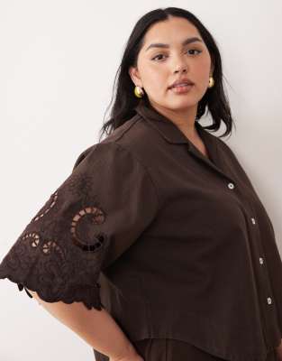 ASOS DESIGN Curve denim short sleeve shirt with cutwork detail in chocolate - part of a set-Brown