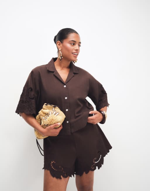 ASOS DESIGN Curve denim cutwork set in chocolate, 2 of 3