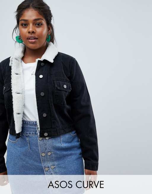 ASOS DESIGN Curve denim shrunken jacket with fleece collar in washed black